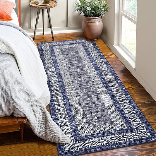 GarveeHome 2.5x8 Modern Bordered Runner Rug Soft Non Slip Washable Floor Carpet Distressed Geometric Hallway Indoor Printed Rug for Kitchen Entrance, Blue