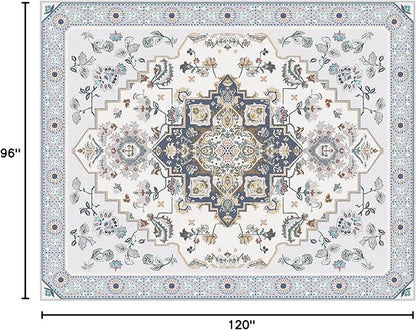 Phantoscope Washable Area Rug 8'x10' Non-Slip, Vintage Boho Rugs for Living Room, Bedroom, Dining Room, Persian Floral Medallion Pattern, Low-Pile Foldable Floor Carpet, Ivory Blue/Garden Bloom