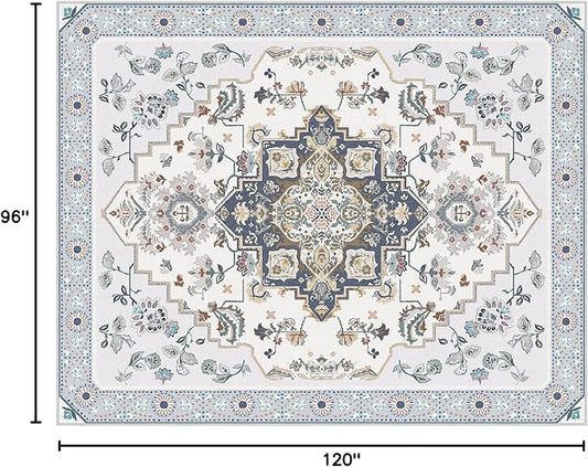 Phantoscope Washable Area Rug 8'x10' Non-Slip, Vintage Boho Rugs for Living Room, Bedroom, Dining Room, Persian Floral Medallion Pattern, Low-Pile Foldable Floor Carpet, Ivory Blue/Garden Bloom