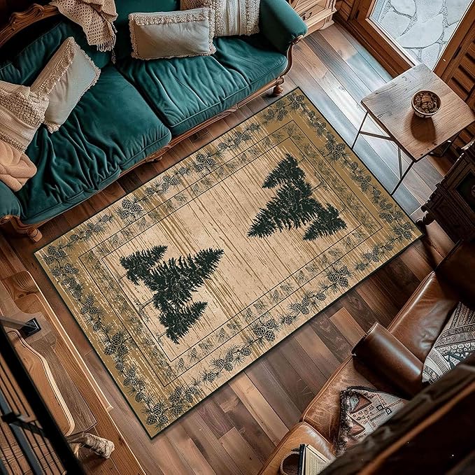 UNREASTO Country Cabin Area Rug 4x6ft Rustic Nature Forest Pine Cone Pine Tree Plant Vintage Home Decor Floor Rug Non-Slip Easy Clean Lodge Rug for Living Room Bedroom Entry Office Hardwood Floor