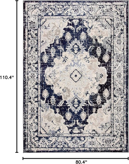 SAFAVIEH Monaco Collection 6'7" x 9'2" IvoryNavy MNC243C Boho Chic Medallion Distressed Non-Shedding Living Room Dining Bedroom Area Rug