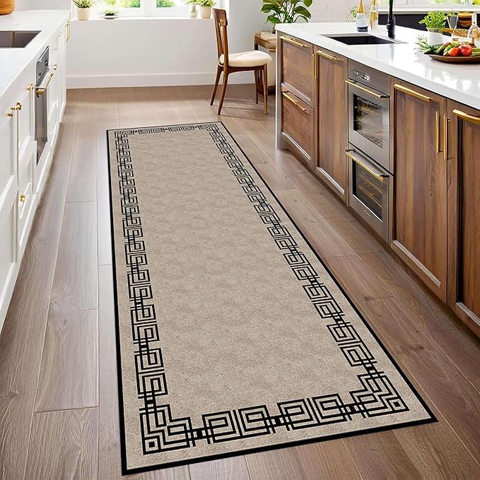 Vintage Tribal Hallway Rugs, 4x12ft, Southwest Brown Rustic Native Ethnic Greek Key Pattern Carpet Runners, Ultra-Thin Foldable Low Pile Distressed Rug for Dining Room Lounge
