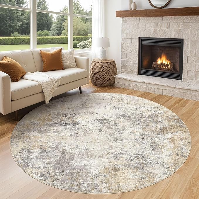6ft Round Area Rug Living Room Rugs - 6x6 Washable Neutral Modern Abstract Soft Thin Rug Indoor Floor No Slip Rug Carpet for Bedroom Under Dining Table Home Office Decor - Golden Grey