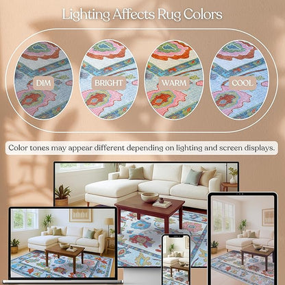 Fame Living Colorful Oushak Rug, Modern, Vintage, Turkish, Eclectic, Floral, Pastel, Washable, Oversized, Extra Large Area Rugs for Living Room, Dining, Bedroom, Lounge 9'5"x14'