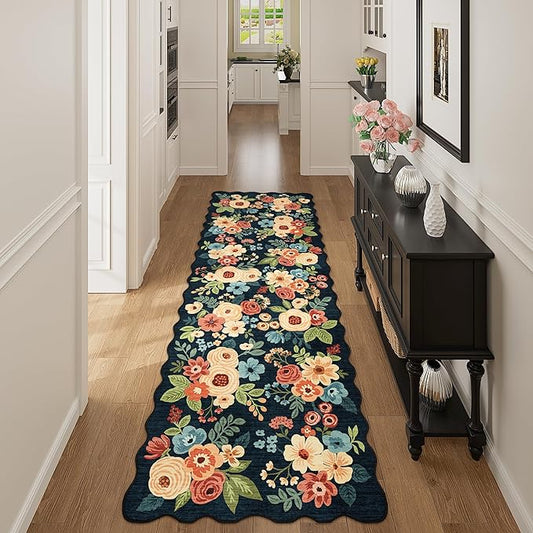 DUKINO 2x10 Runner Rug for Hallway, Washable Kitchen Rug with Non Slip Backing & Non-Shediing, Soft Low Pile Floral Design Runner for Bedroom, Kithchen, Living Room, Laundry, Bathroom, Navy Blue