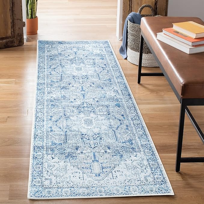 Bloom Rugs Washable Non-Slip 12 ft Runner - Blue/Gray Traditional Runner for Entryway, Hallway, Bathroom, and Kitchen - Exact Size: 2.5' x 12'