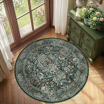 4ft Round Area Rugs for Living Room, Washable Floral Circle Rug Non Slip Low Pile, Vintage Boho Botanical Birds Throw Carpet for Farmhouse, Bedroom, Dining Room, Retro Green/Blue