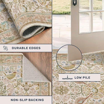 Washable Area Rugs 5x7 for Living Room - Boho Cottagecore Earthy Rugs for Bedroom, Dinning Room, Office with Vintage Beige Taupe Botanical & Bird Pattern, Non Slip Stain Resistant Low Pile
