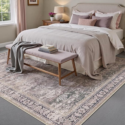 6x9 Purple Area Rug for Living Room Washable Vintage Distressed Carpet Large Bedroom Low Pile Non Slip Indoor Soft Retro Throw Accent Rug Office Kitchen Bathroom Dining Room