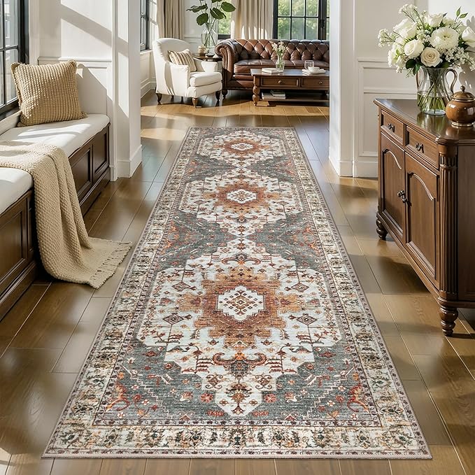 Tangsoo 3x10 Runner Rug for Hallway Long Washable Hallway Runner Rugs, Non Slip Vintage Soft Low Pile Rug Runner, Indoor Oriental Carpet Runners for Living Room Kitchen Bedroom Entryway Turmeric