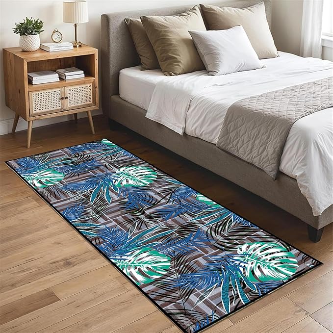 2x10 ft Runner Rug Tropical Blue - Non-Slip Low-Pile & Washable for Hallway, Living Room, Bedroom - Botanical Leaf Print Plush Soft - No Linting Easy Clean Indoor Carpet