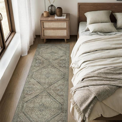 Bavni Kitchen Rug 2x7 Runner Rugs for Hallways Entryway, Washable Vintage Print Carpet, Ultra-Thin Chenille Low Pile Lightweight Rug with Non Slip Backing, Tan