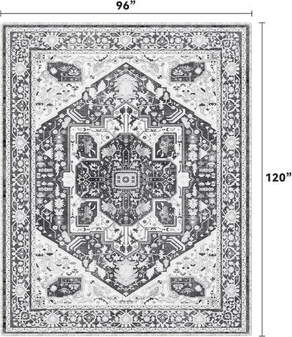 EnHomee 8x10 Washable Area Rugs for Bedroom, Boho Vintage Rugs, Foldable Area Rug for Dining Room, Non-Slip Soft Living Room Rug, Low Pile Large Carpet for Bathroom, Grey