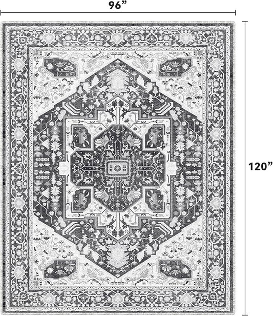 EnHomee 8x10 Washable Area Rugs for Bedroom, Boho Vintage Rugs, Foldable Area Rug for Dining Room, Non-Slip Soft Living Room Rug, Low Pile Large Carpet for Bathroom, Grey