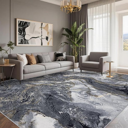 Abstract 8x10 Area Rugs: Modern Washable Rug for Living Room Bedroom Dining Room Indoor - Thin Low Pile Non-Slip Large Carpet - Black Gold