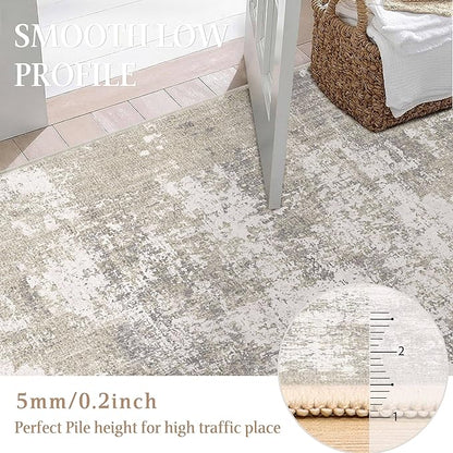 Modern Abstract Beige Gray Area Rug 2x3 Entryway Door Mat Machine Washable Bathroom Throw Carpet Kitchen Indoor Low Pile Non Slip Distressed Laundry Living Dining Room Bedroom Office
