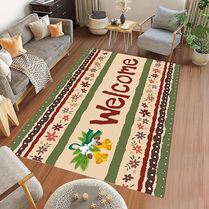 Vintage Christmas Area Rugs 6x8ft Merry Christmas Snowflakes Floral Winter Holiday Decorative Floor Mats Xmas Decorative Rugs for Living Room Bedroom Doormats Welcome Mats Non-Slip and Durable
