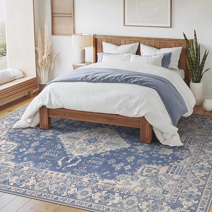 Bavni Vintage 8x10 Area Rugs, Boho Oriental Living Room Rug, Machine Washable Rug Non Slip, Distressed Print Indoor Large Blue Rugs, Low Pile Ultra-Thin Soft Carpet for Bedroom, Dining Room, Farmhouse