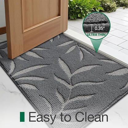 LUMI Indoor Door Mat 36x60, Washable Front Doormat with Welcome Leaf Pattern, Non-Slip Rubber Back Absorbent Mats for Entrance, Patio, Garage, Dark Grey