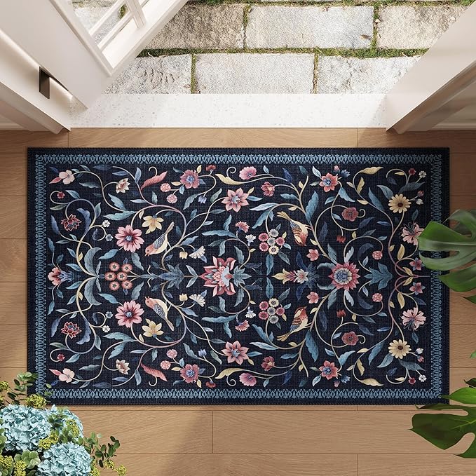 Vintage Medallion Floral Indoor Door Mat 2x3, Machine Washable Entryway Rug, Low Pile Soft Small Carpet, Non-Slip Area Rug for Entrance, Bedroom, Kitchen & Kids Room | Blue