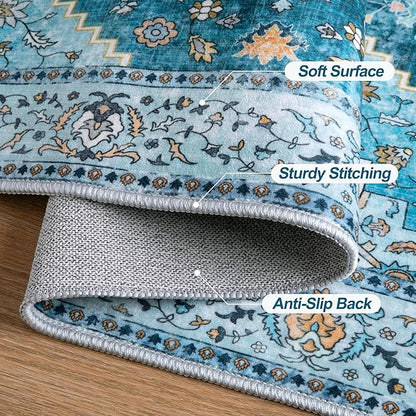 Tangsoo Blue 4x6 Area Rug, Vintage Washable Non Slip Indoor Rugs, Oriental Machine Washable Rug Carpet, Soft Low Pile Foldable Floor Rugs for Dining Room Bedroom Living Room Home Decor