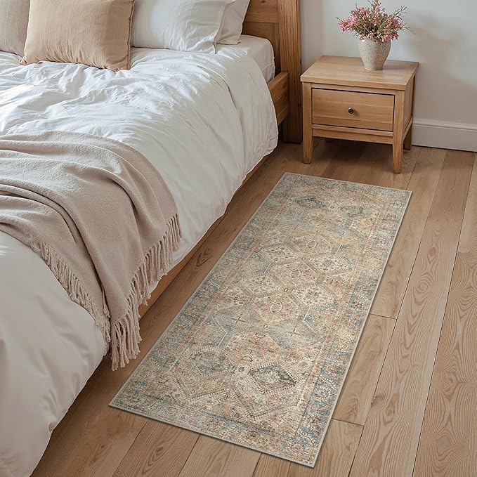 Bavni 2x5 Runner Rug Non Slip, Machine Washable Rug Runners for Hallways, Vintage Distressed Print Kitchen Runner, Low Pile Lightweight Carpet Runner for Entryway Laundry Bedroom Bathroom Wood Brown