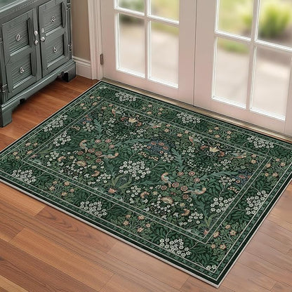 2x3 Floral Washable Area Rugs for Living Room, Vintage Boho Rug for Bedroom Dining Room， Distressed Botanical Birds Non Slip Low Pile Forest Animal Throw Carpet for Farmhouse Office, Bright Green
