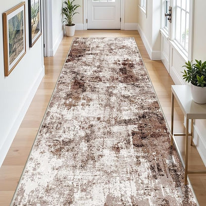 5x12 Runner Rug for Wide Hallway: Long Washable Runners for Entryway Living Room Dining Room - Stain and Water Resistant Rugs with Non-Slip Backing - Soft Low-Pile Carpet Brown Khaki White
