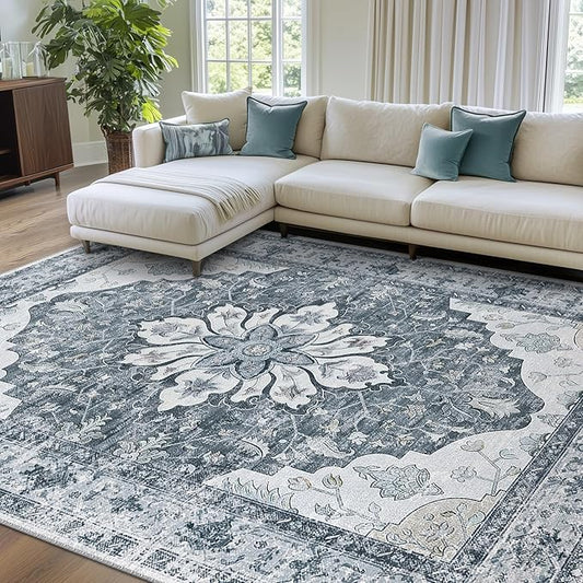 Area Rugs 7'x9' Washable Non-Slip, Floral Vintage Distress Print Pattern Medallion Carpet for Living Room Bedroom Dining Room, Light Gray Grey White