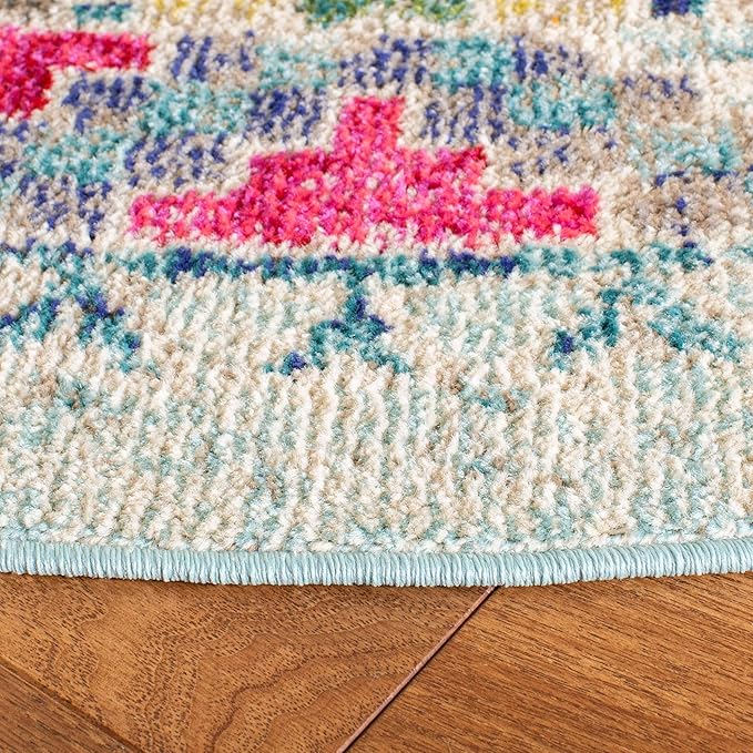 SAFAVIEH Madison Collection 3' Round Blue / Yellow MAD418K Boho Diamond Distressed Non-Shedding Dining Room Entryway Foyer Living Room Bedroom Area Rug