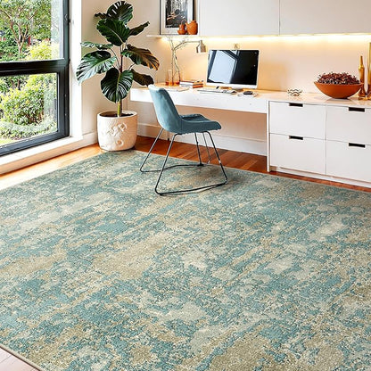 WITSHOCK Living Room Area Rugs 7x9：Modern Abstract Machine Washable Large Rug for Bedroom Dining Room Non-Slip Stain Resistant Home Office Decor,Teal Brown