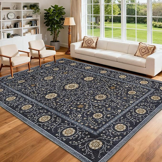 GarveeHome Boho 5x7 Area Rug for Bedroom, Floral Vintage Rugs for Living Room with Soft Low Pile, Non Slip Botanical Washable Rugs 5x7 for Dining Room Blue Carpet for Entryway Dorm Office Playroom