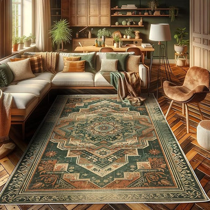 Ambesonne Oriental Boho Decorative Rug, Bohemian Flowery Mandala with Abstract Geometric Details Print, Quality Carpet for Bedroom Dorm and Living Room, 2' 5" x 5', Hunter Green Peach