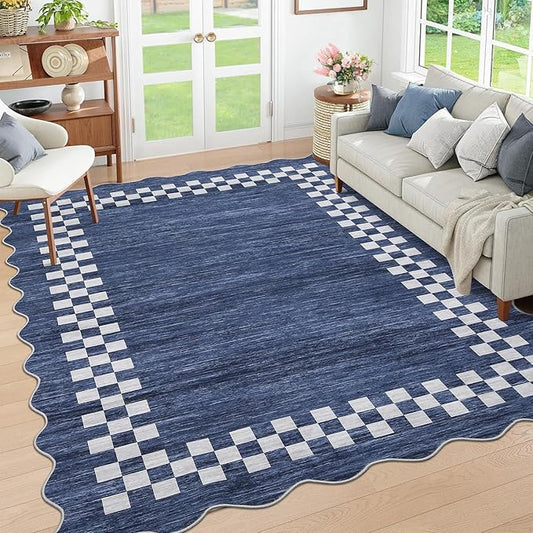 GarveeHome Area Rug 6x9 Large Living Room Modern Border Throw Rug with Rubber Backing Stain Resistant Dining Room Throw Carpet Washable Scalloped Rug for Bedroom Home Decor Office, Blue