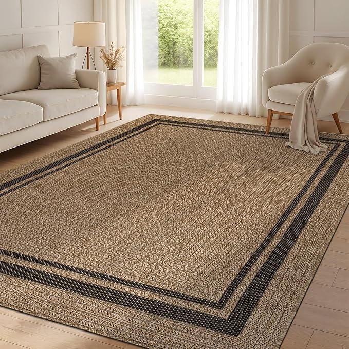 Beverly Rug Easy Jute Bordered Rug 10x14 Washable Large Indoor Outdoor Area Rugs for Living Dining Room Patio Office Stain Resistant Non Shedding Casual Indoor Outside Carpet 10 x 14 Natural