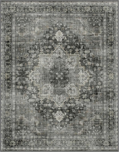 GENIMO 5x7 Area Rugs for Living Room, Machine Washable Non Slip Vintage Rugs, Low Pile Lightweight Chenille Print Rug for Bedroom, Dining Room, Home Office,Charcoal Gray