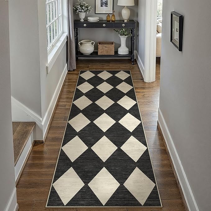 2x6 Runner Checkered Rug for Hallways Black Washable Long Carpet Non-Slip Low Pile Boho Indoor Accent Throw Rug for Entrance Kitchen Bedroom Dining Laundry