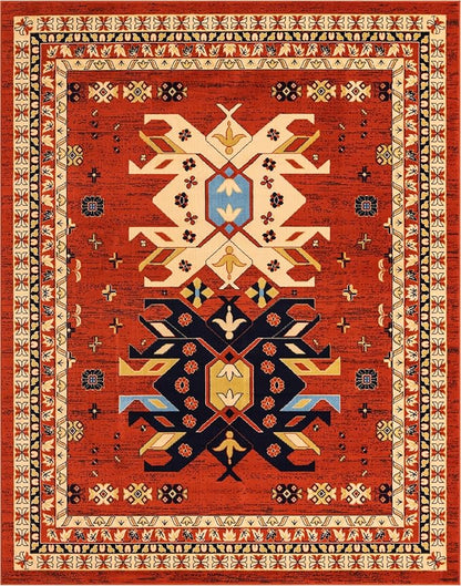 Unique Loom Taftan Collection Border Geometric Tribal Inspired Design Area Rug (8' 0 x 10' 0 Rectangular, Terracotta/ Ivory)