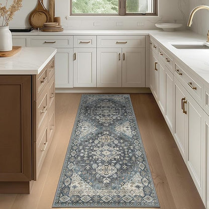 GENIMO 2x5 Washable Runner Rug for Hallway, Vintage Non Slip Low Pile Carpet, Soft Lightweight Printed Rug for Entryway, Kitchen, Corridor & Home Office, Slate Gray Blue