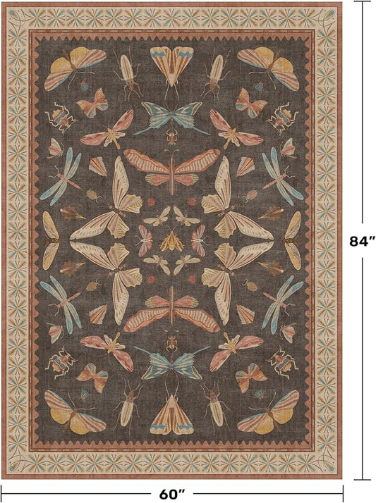 Washable Living Room Area Rug 5x7, Ultra Soft Carpet for Bedroom, Dining Room, Vintage Farmhouse Home Décor, Low Pile Non Slip Stain Resistant Rug (Brown & Orange)