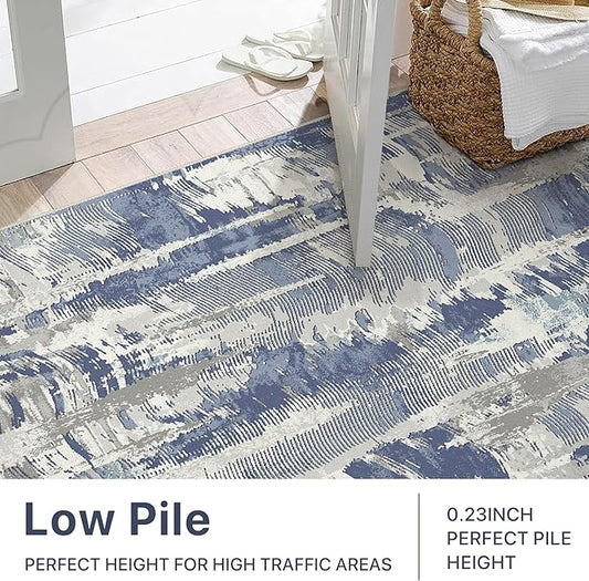 Washable Rug 8x10 Area Rug for Living Room Bedroom, Large Modern Abstract Rug Indoor Floor Carpets Low Pile No Shed Non-Slip with Rubber Backing Dining Room Kitchen Office (Blue, 8'x10')
