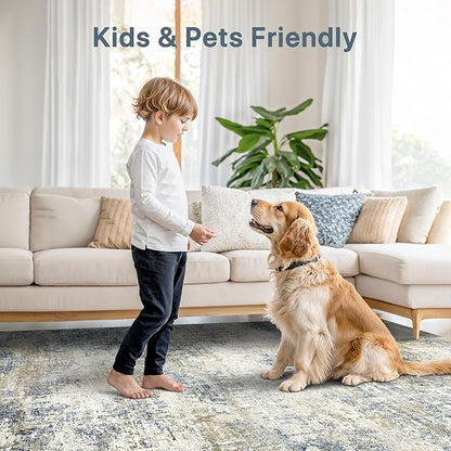 Bavni 8x10 Area Rugs Machine Washable Rug for Living Room, Modern Printed Rug Indoor Soft Area Rug for Bedroom Dining Room, Ultra-Thin Low Pile Carpet with Non Slip Rubber Backing, Gray Beige Blue