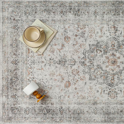 5x7 Washable Vintage Area Rug for Living Room Bedroom Soft Tranditional Non Slip Large Throw Rug Lightweight Floral Low Pile Distressed Carpet Laundry Dining Room Kitchen Office