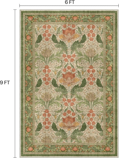 Bavni 6x9 Area Rugs, Floral Machine Washable Rugs for Living Room, Dinning Room, Bedroom, Non Slip Aesthetic Vintage Low Pile Durable Lightweight Farmhouse Rug, Sage Green & Burnt Orange