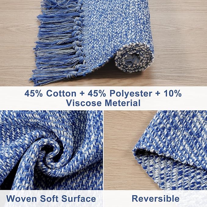 Collive Kitchen Runner Rug, 2' x 4.3' Hand-Woven Reversible Washable Rug, Navy Blue Cotton Modern Farmhouse Bathroom Rug Hallway Carpet for Foyer Bedroom Entry Back Door Decor