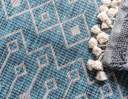 Unique Loom Outdoor Trellis Collection Area Rug - Tribal Trellis (2' x 6' 1" Runner, Teal/ Ivory)