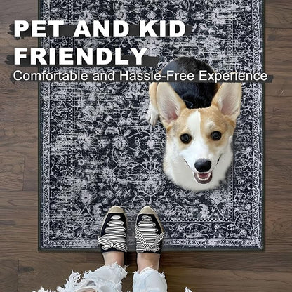 KILOCOCO Small Area Rug 2x3 Entryway Rugs Printed Vintage Moroccan Floral Washable Rug Non-Slip Kitchen Rug Indoor Door Mat, Accent Throw Small Rugs for Laundry Room Bedroom Entrance, Black/Navy/White