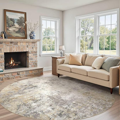 10ft Round Area Rug Living Room Rugs - 10x10 Washable Large Neutral Modern Abstract Soft Thin Rug Indoor Floor No Slip Rug Carpet for Bedroom Under Dining Table Home Office Decor - Golden Grey