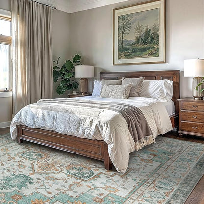 GENIMO 7'6''x9'6'' Area Rugs for Living Room, Machine Washable Non Slip Vintage Rugs, Low Pile Lightweight Chenille Print Rug for Bedroom, Dining Room, Home Office, Cyan