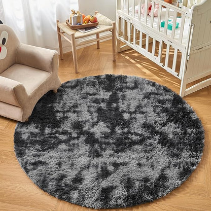 Andency Tie-Dyed Dark Grey Round Area Rug for Living Room, 5x5 ft Shag Rug for Bedroom, Fluffy Circle Carpet for Home Decor, Room, Fuzzy Plush Circular Rug for Dorm Playroom